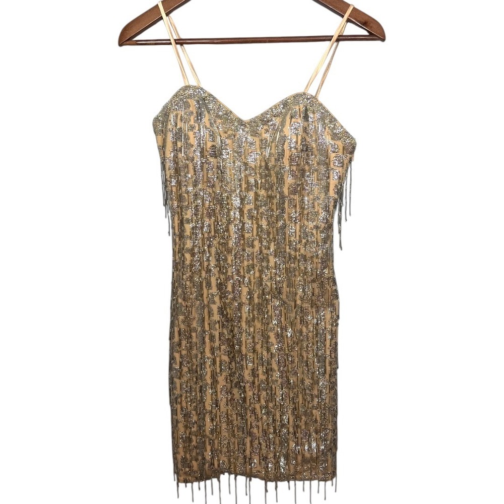 Vtg Y2K Caché Beaded Fringe Mini Dress Sz 2 XS Concert Party Hoco New Years Eve